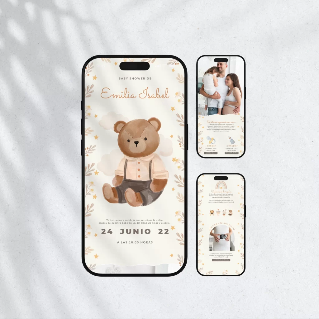 Invitación Digital para Baby Shower, versión PDF extendido, diseño de catálogo "Pastel", con dulzura en tonos pastel y ositos de peluche que abrazan la llegada de un nuevo amor.