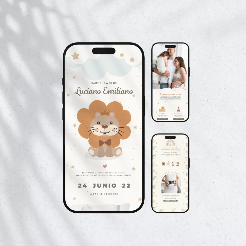 Invitación Digital para Baby Shower, versión PDF extendido, diseño de catálogo "Safari de bienvenida", con colores pastel que abrazan con ternura, y un león que anuncia la alegría de un baby shower especial.