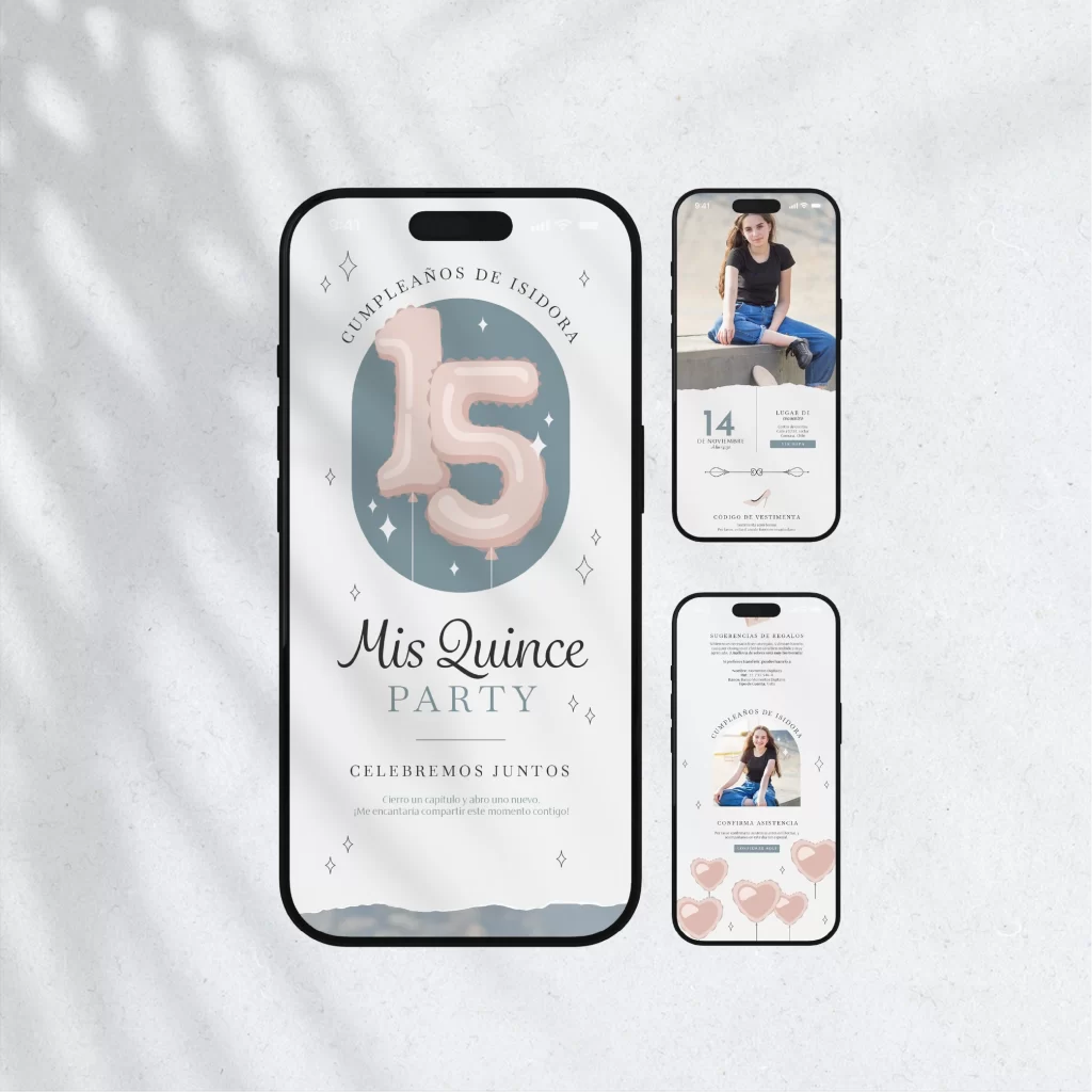 Invitaciones en PDF interactivas y únicas para tu evento de XV años, diseño de catálogo "Destellos", que cuentan historias y colores que acarician el alma, para celebrar tu quinceañera con encanto y nostalgia.