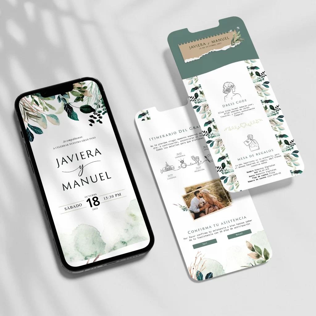 Invitación de Boda - Botánico Invitaciones en PDF interactivas y únicas para tu matrimonio, diseño de catálogo "Botánico", como un suspiro de la tierra, el verde botánico llena de calma y equilibrio cada momento.