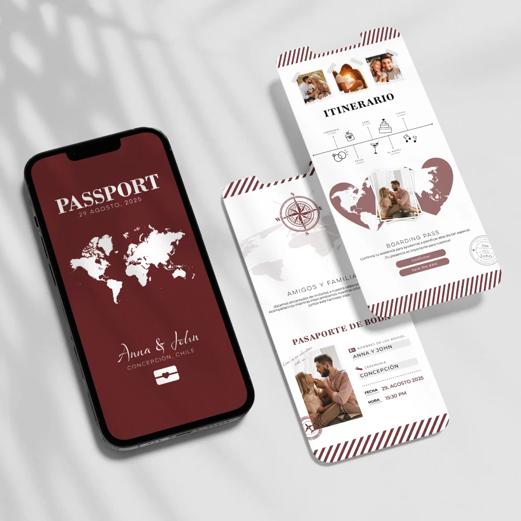 Invitación de Boda - Pasaporte Invitaciones en PDF interactivas y únicas para tu matrimonio, diseño de catálogo "Pasaporte", evocando un rojo profundo, sello de aventuras y sueños que cruzan fronteras.