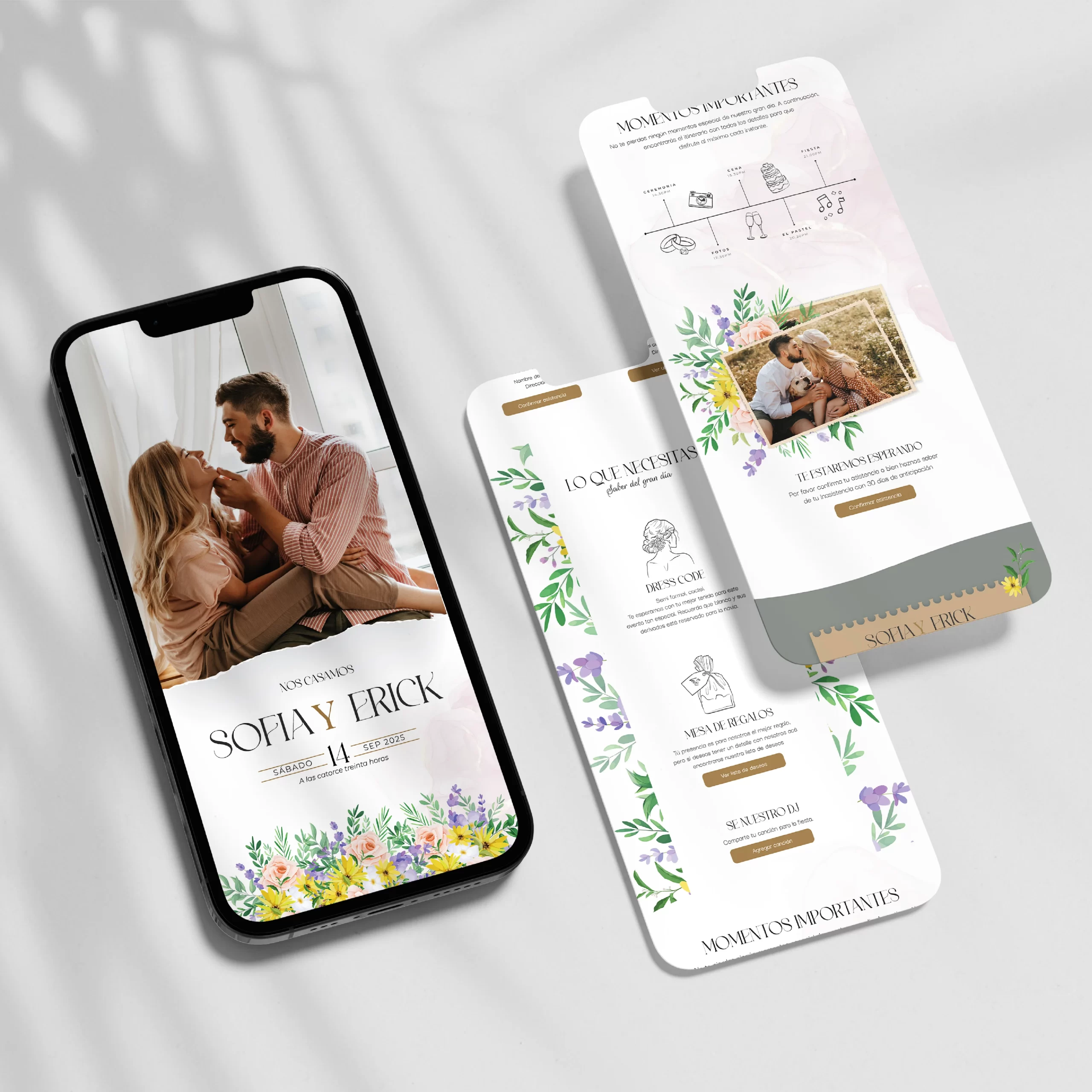 Invitaciones en PDF interactivas y únicas para tu matrimonio, diseño de catálogo "Primavera", entre morados profundos, amarillos radiantes y blancos puros, nace la alegría de un nuevo comienzo.