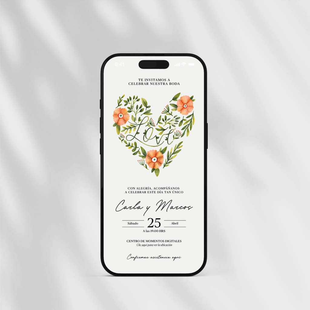 Invitación Digital de Boda Estática Corazón silvestre.
