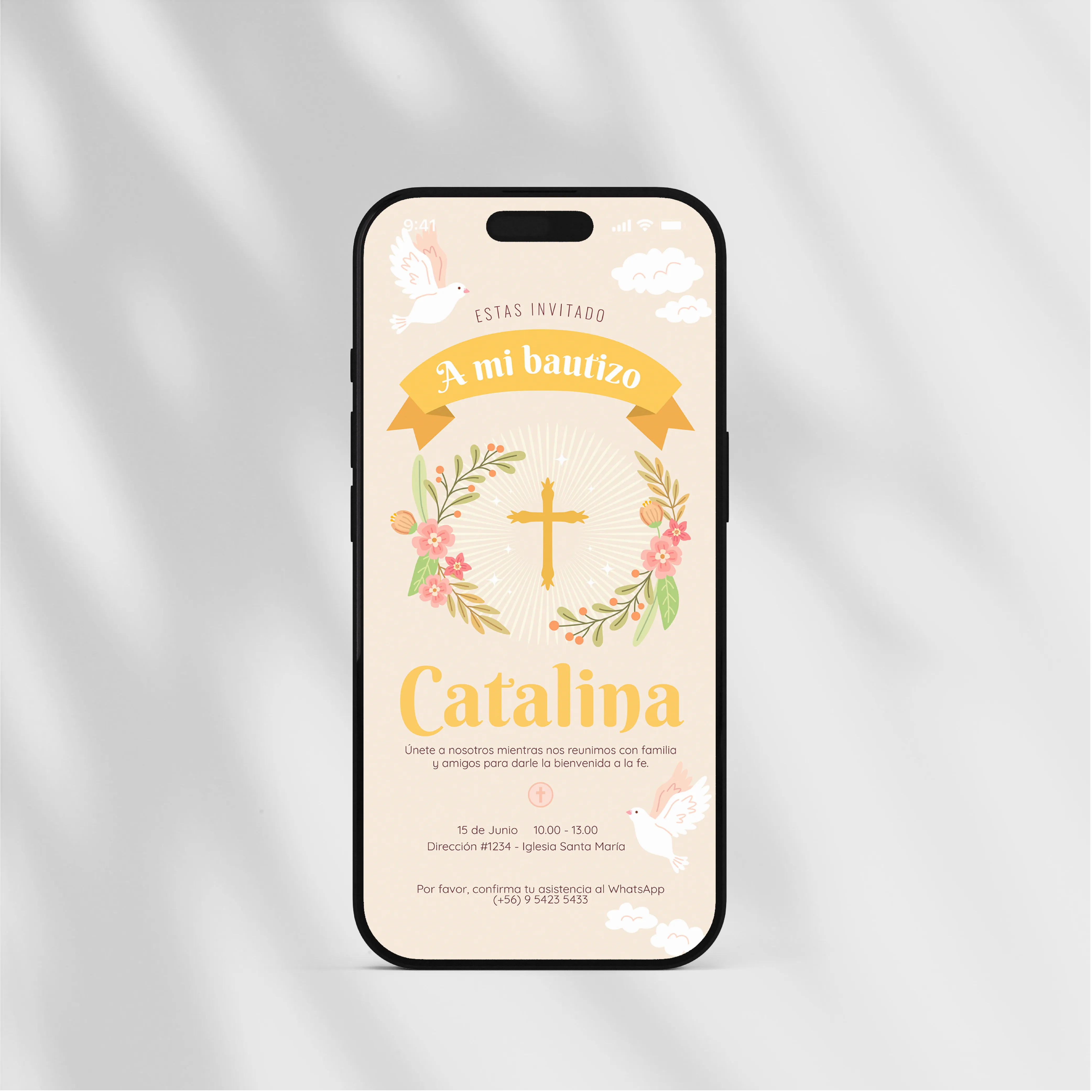Invitación Digital de evento Religioso, Bautizo Alas de pureza.