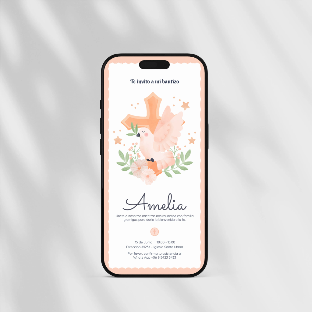 Invitación Digital de evento Religioso, Bautizo Bendición rosada.