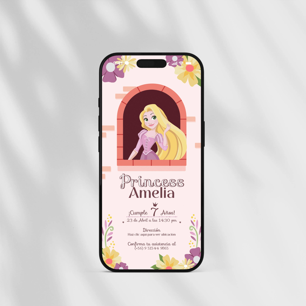 Invitación Digital de cumpleaños Infantiles, Rapunzel.