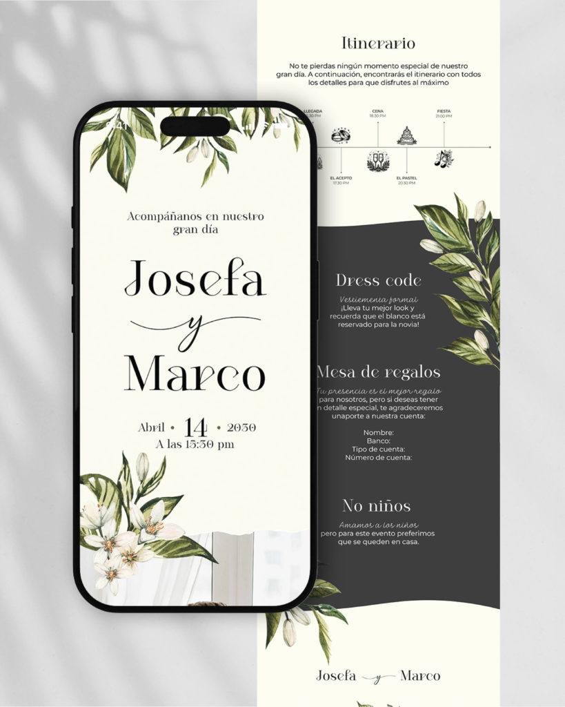 Invitaciones en PDF interactivas y únicas para tu matrimonio, diseño de catálogo "Acuarela", con colores pasteles que acarician la vista, flores blancas que abrazan el corazón.