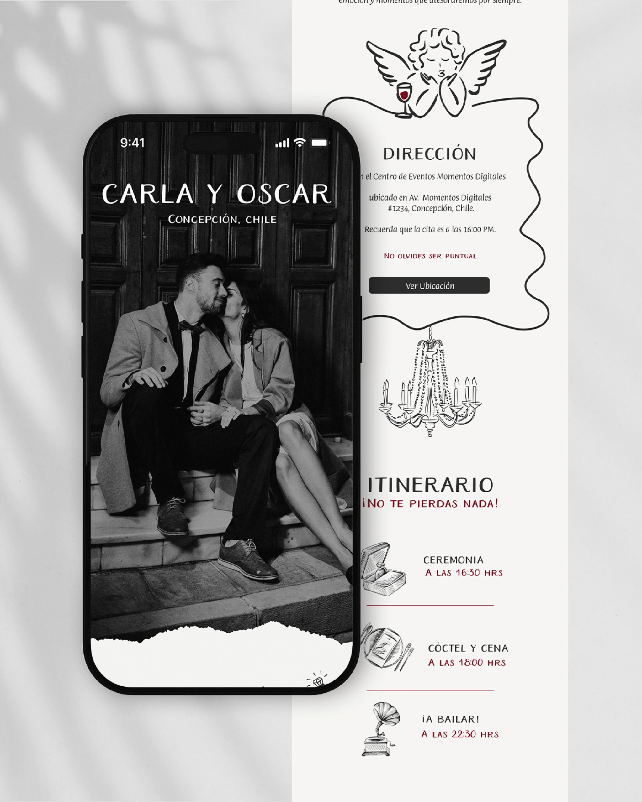 Invitaciones en PDF interactivas y únicas para tu matrimonio, diseño de catálogo "Angeles".