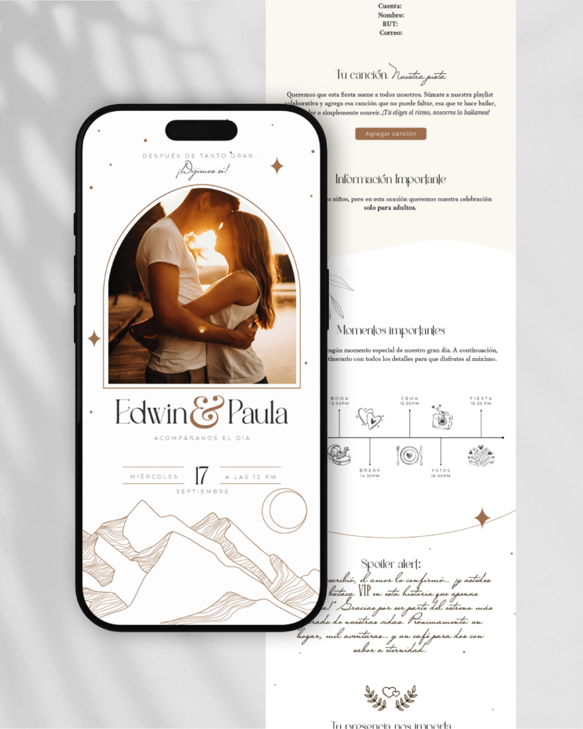 Invitaciones en PDF interactivas y únicas para tu matrimonio, diseño de catálogo "Aurora", bajo un cielo de aurora, las montañas y los tonos blancos susurran paz y nuevos comienzos.