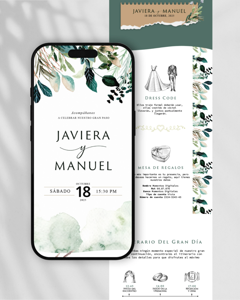 Invitaciones en PDF interactivas y únicas para tu matrimonio, diseño de catálogo "Botánico", como un suspiro de la tierra, el verde botánico llena de calma y equilibrio cada momento.