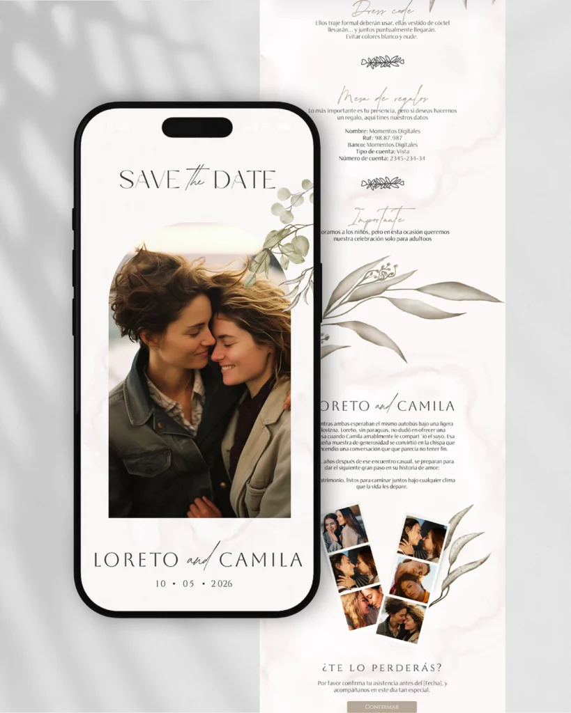 Invitaciones en PDF interactivas y únicas para tu matrimonio, diseño de catálogo "Encanto natural", con la serenidad de los tonos pastel que se encuentran con la frescura del olivo, creando una armonía que acaricia el alma.