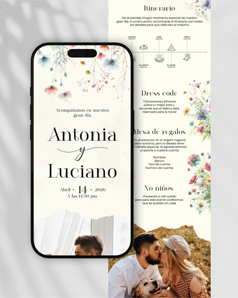 Invitaciones en PDF interactivas y únicas para tu matrimonio, diseño de catálogo "Encanto Pastel", entre morados profundos, rosados radiantes y azul pastel, nace la alegría de un nuevo comienzo.