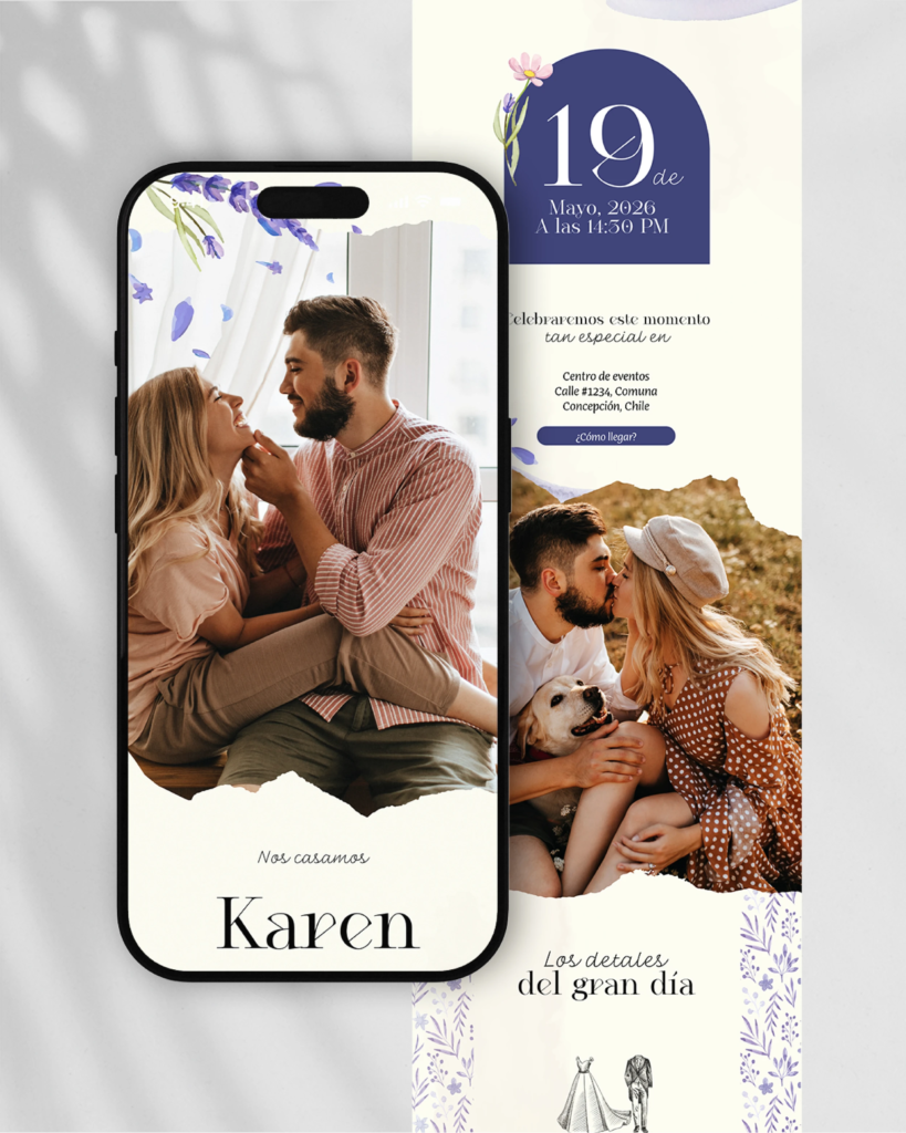 Invitaciones en PDF interactivas y únicas para tu matrimonio, diseño de catálogo "Lavanda", entre morados profundos nace la alegría de un nuevo comienzo.
