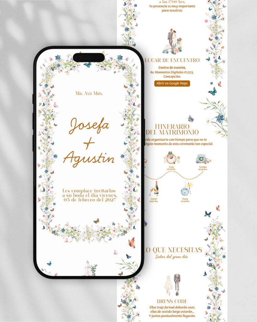 Invitaciones en PDF interactivas y únicas para tu matrimonio, diseño de catálogo "Mariposa", entre morados profundos, rosados radiantes y azul pastel, nace la alegría con flores y mariposas el un nuevo comienzo.