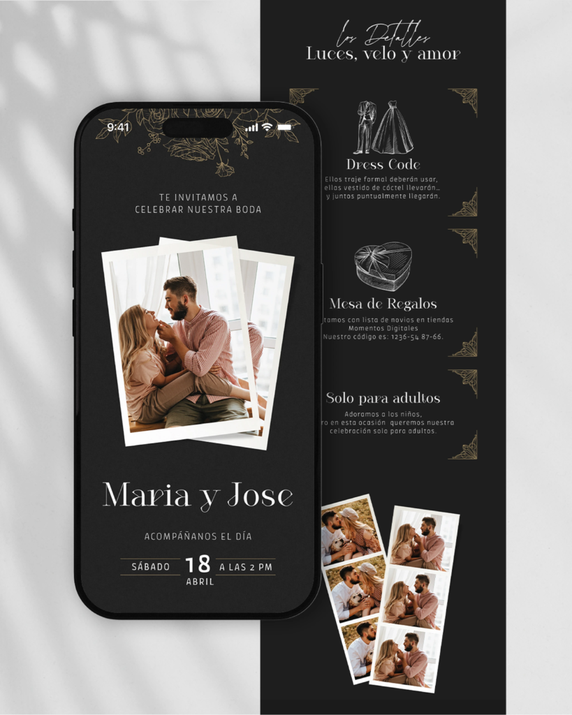 Invitaciones en PDF interactivas y únicas para tu matrimonio, diseño de catálogo "Noche Eterna", con tonos profundos y oro brillante, como un amor que trasciende el tiempo.
