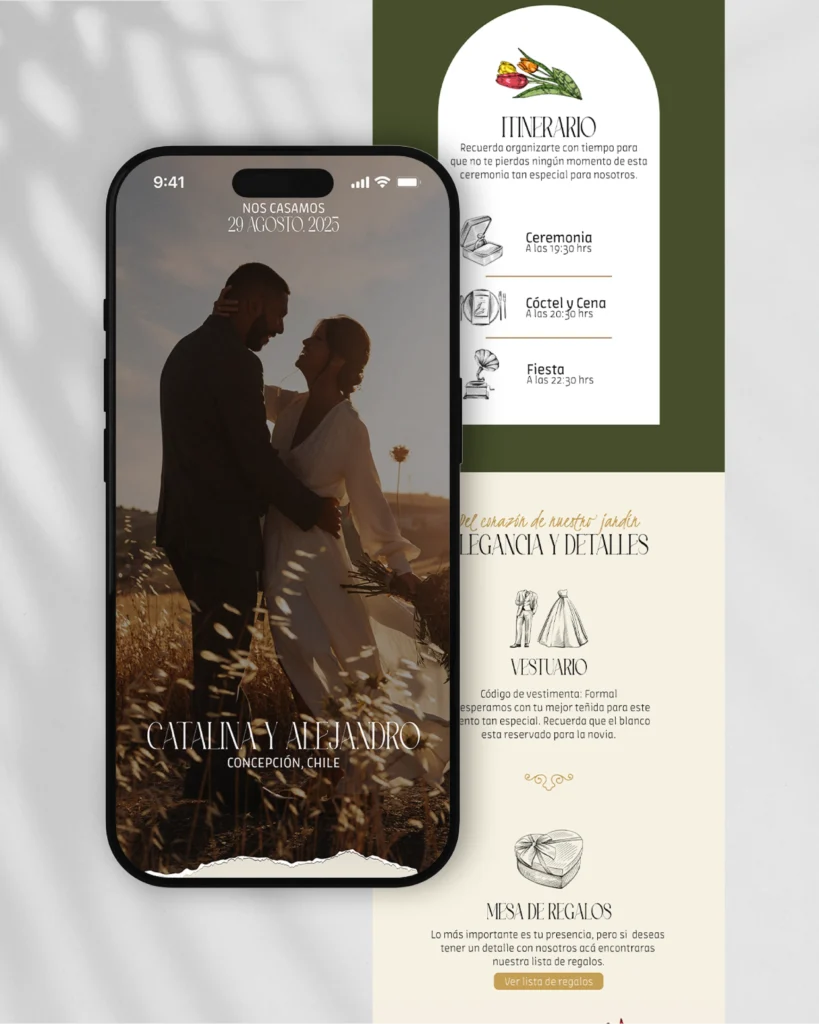 Invitaciones en PDF interactivas y únicas para tu matrimonio, diseño de catálogo "Nostálgico", con tonos delicados que abrazan los recuerdos con la dulzura de lo intangible.