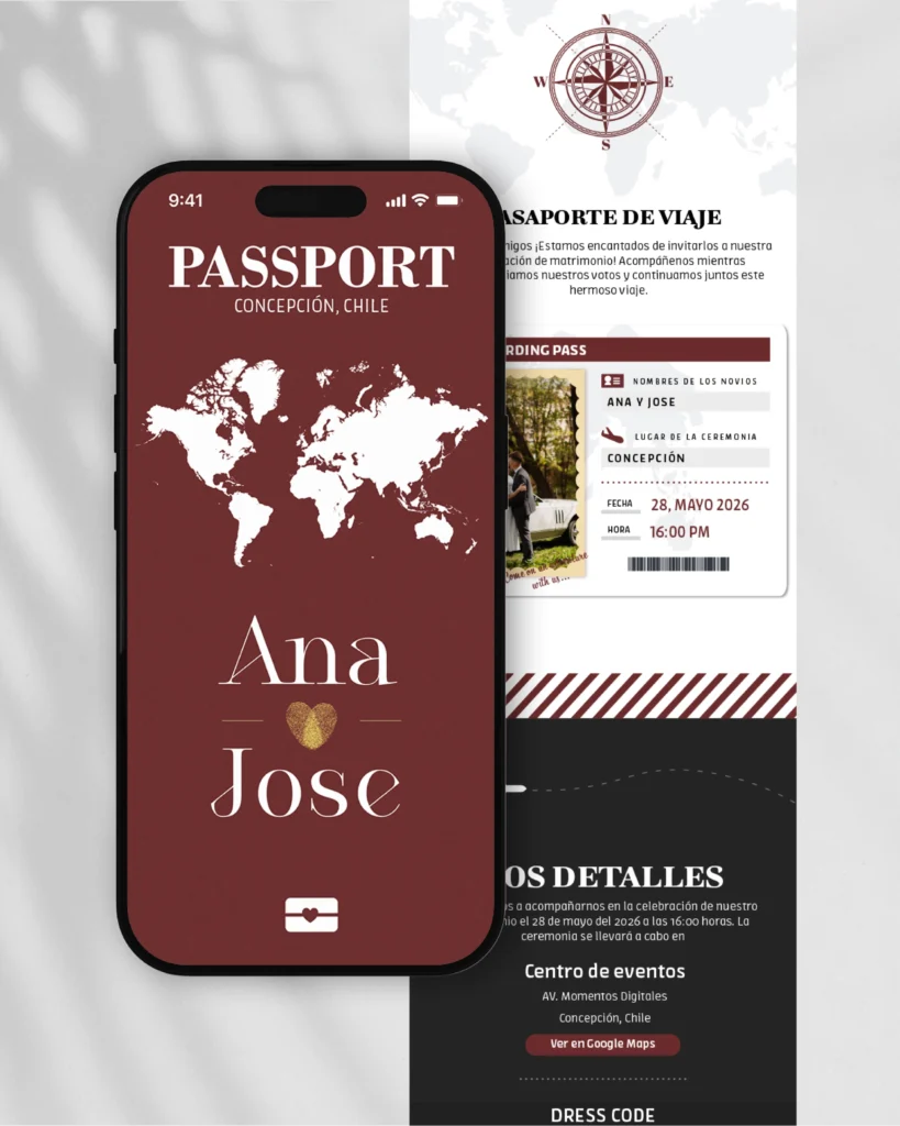Invitaciones en PDF interactivas y únicas para tu matrimonio, diseño de catálogo "Pasaporte", evocando un rojo profundo, sello de aventuras y sueños que cruzan fronteras.