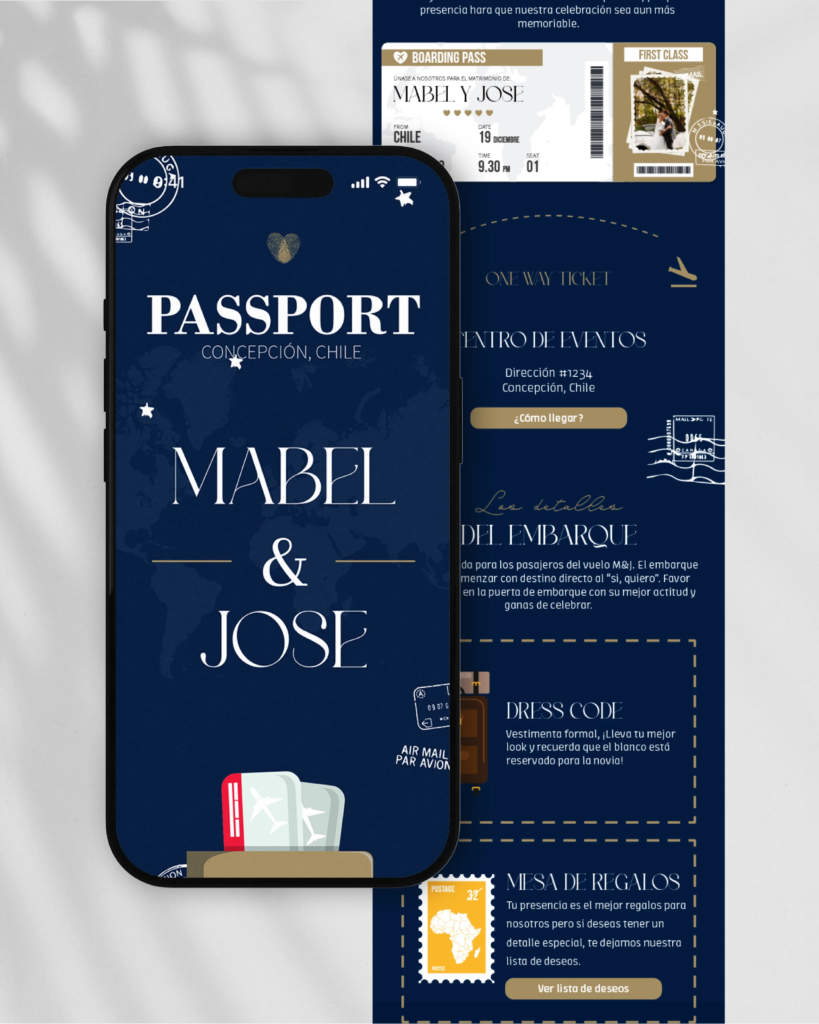 Invitaciones en PDF interactivas y únicas para tu matrimonio, diseño de catálogo "Pasaporte Azuk", evocando un azul profundo, sello de aventuras y sueños que cruzan fronteras.