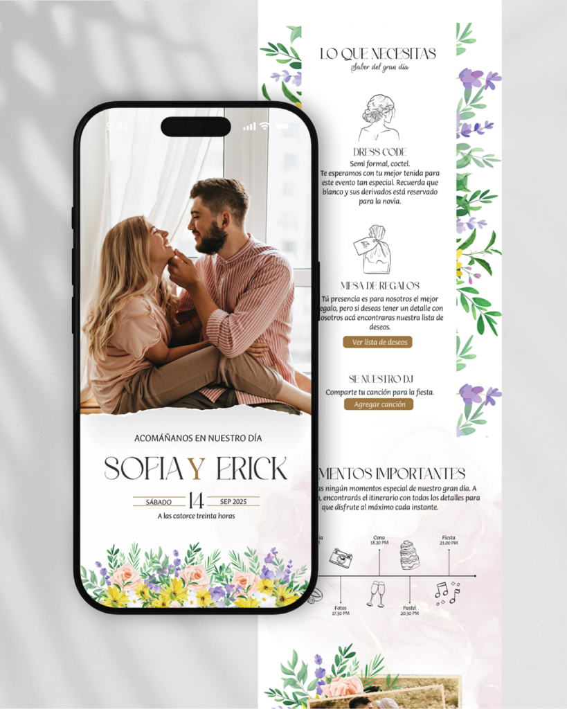Invitaciones en PDF interactivas y únicas para tu matrimonio, diseño de catálogo "Primavera", entre morados profundos, amarillos radiantes y blancos puros, nace la alegría de un nuevo comienzo.