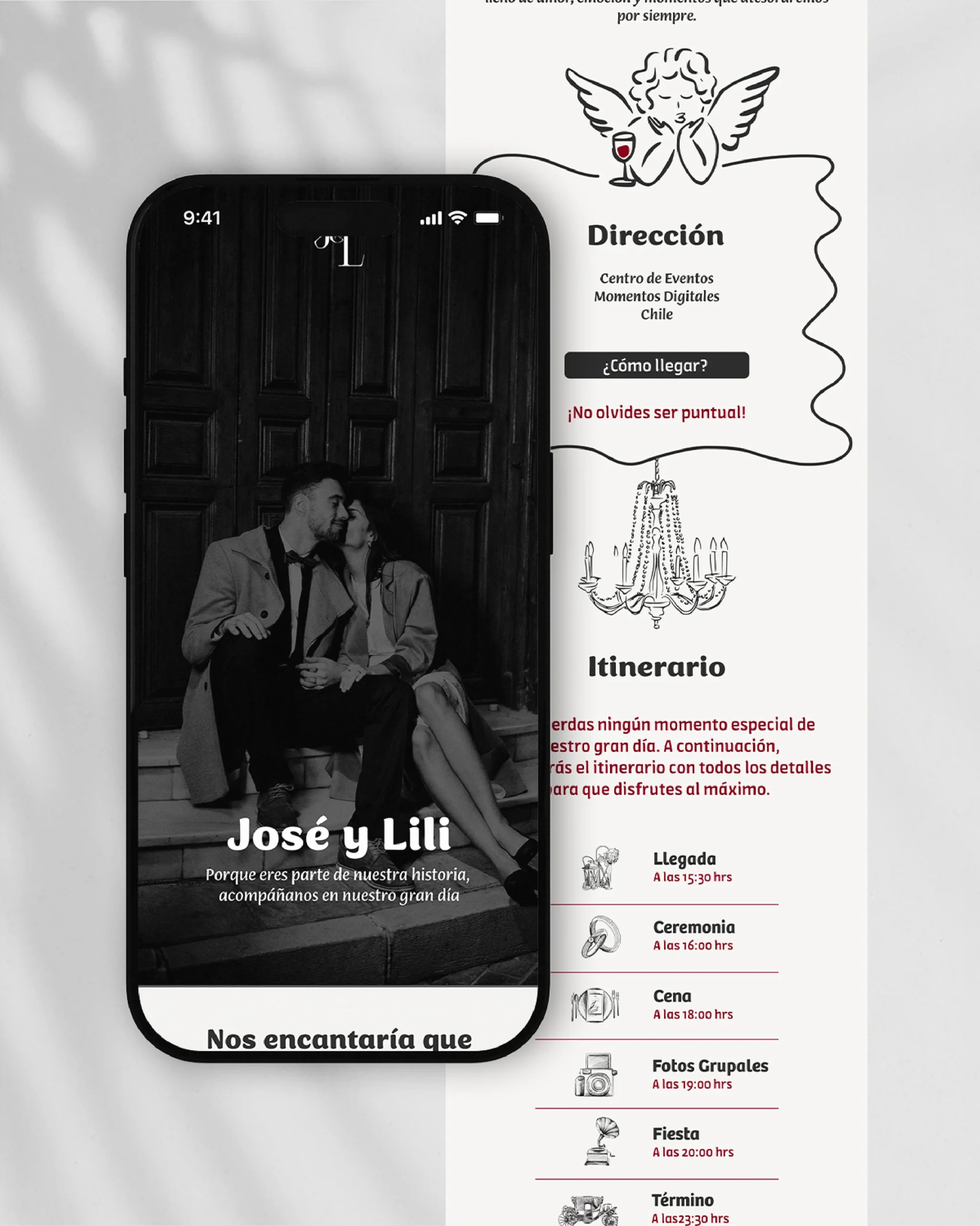 Invitaciones en PDF interactivas y únicas para tu matrimonio, diseño de catálogo "Angeles".