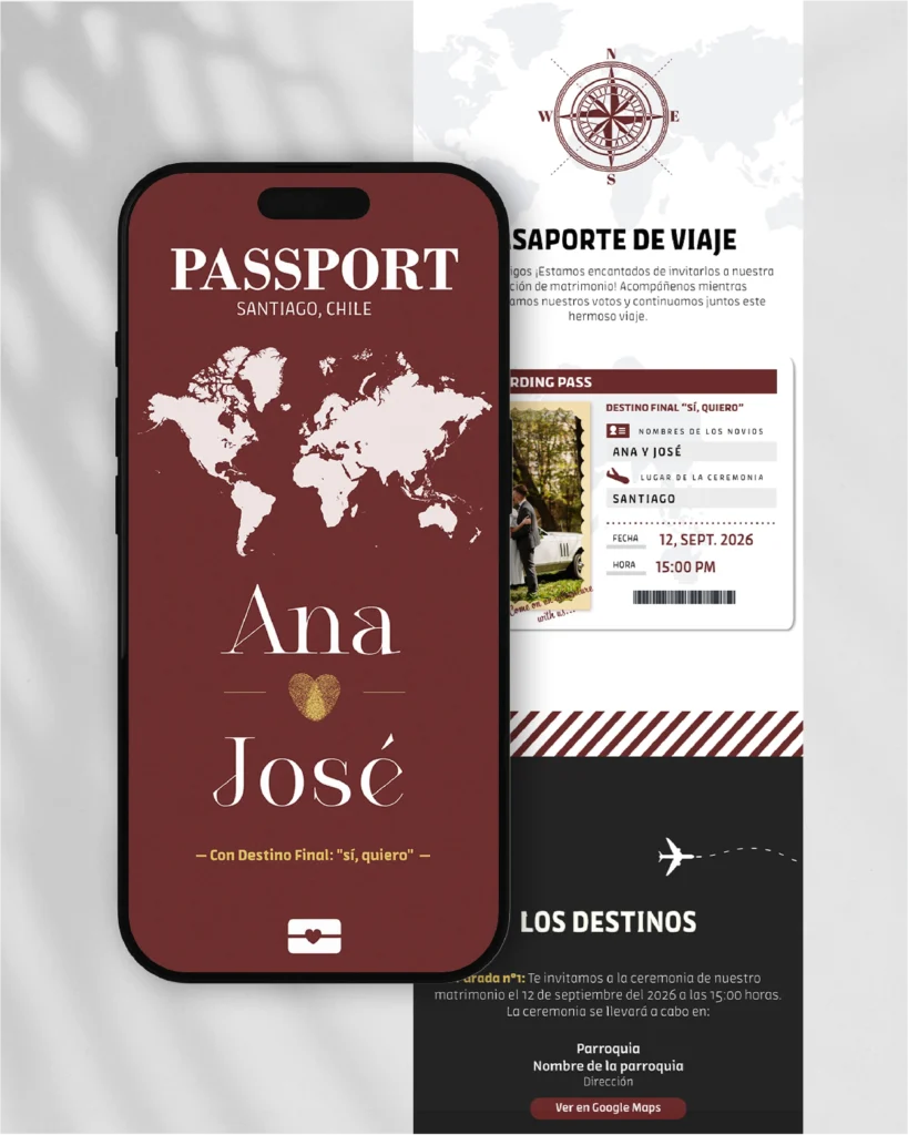 Invitaciones en PDF interactivas y únicas para tu matrimonio, diseño de catálogo "Pasaporte", evocando un rojo profundo, sello de aventuras y sueños que cruzan fronteras.