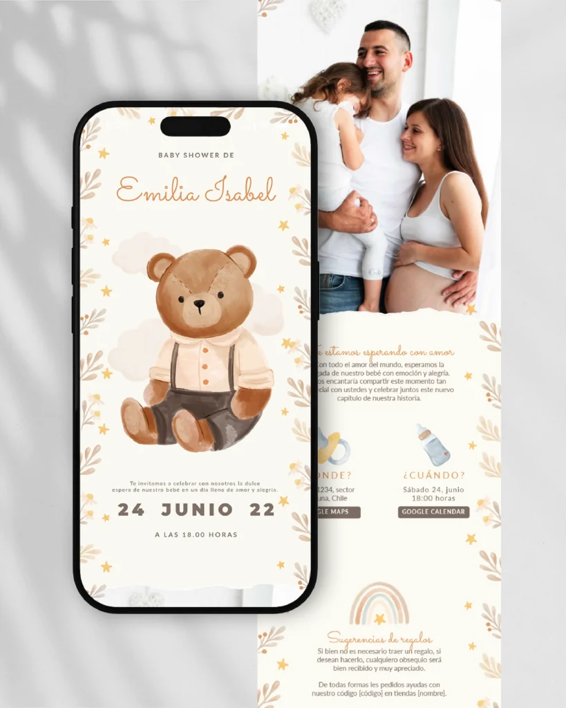 Invitaciones Extendidas | Invitación digitales para bodas y más Invitación Digital para Baby Shower, versión PDF extendido, diseño de catálogo "Pastel", con dulzura en tonos pastel y ositos de peluche que abrazan la llegada de un nuevo amor.