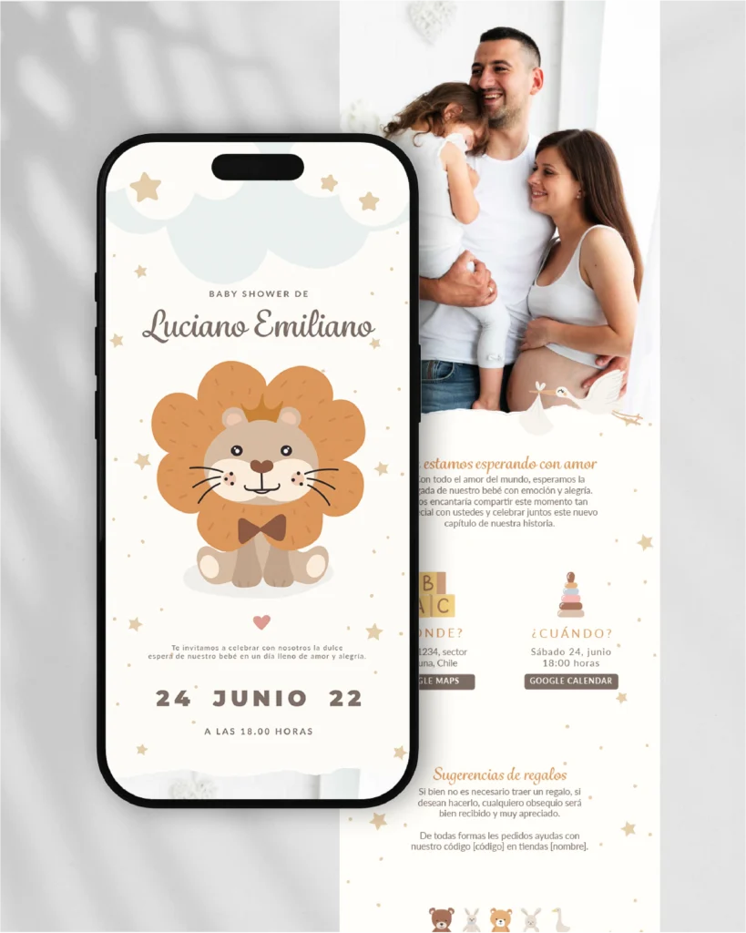 Invitaciones Extendidas | Invitación digitales para bodas y más Invitación Digital para Baby Shower, versión PDF extendido, diseño de catálogo "Safari de bienvenida", con colores pastel que abrazan con ternura, y un león que anuncia la alegría de un baby shower especial.